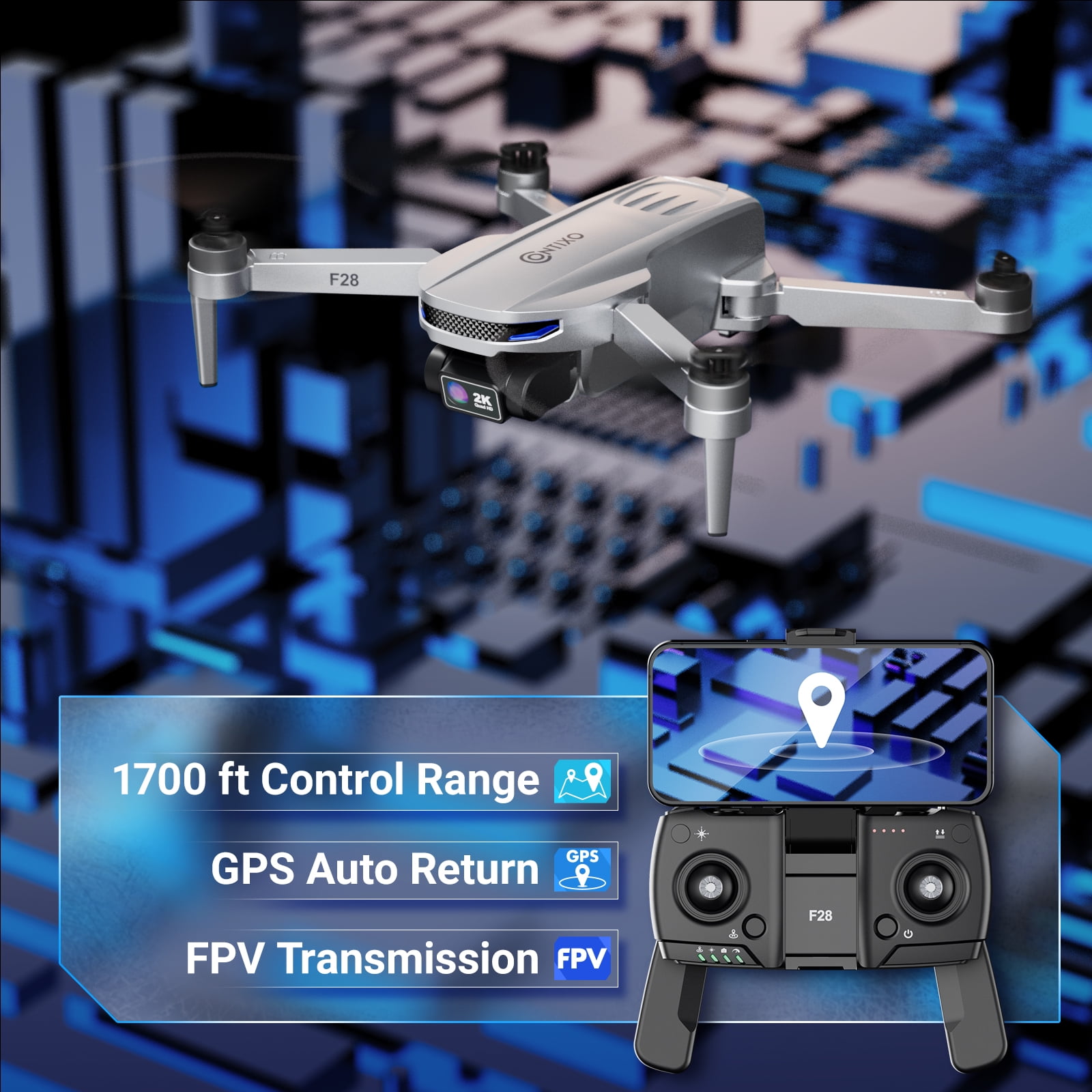 Contixo F28 GPS Drones for Adults with Camera, Foldable RC Drone with 2K Full HD Camera and 26-Min Flight, Gray