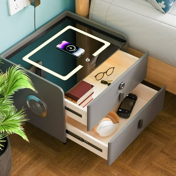 FINE MAKER Smart Nightstand Two Drawer Bedroom Nightstand   Tri-color LED Light Nightstand with Wireless   Charging USB Charging Nightstand with Fingerprint   Unlocking