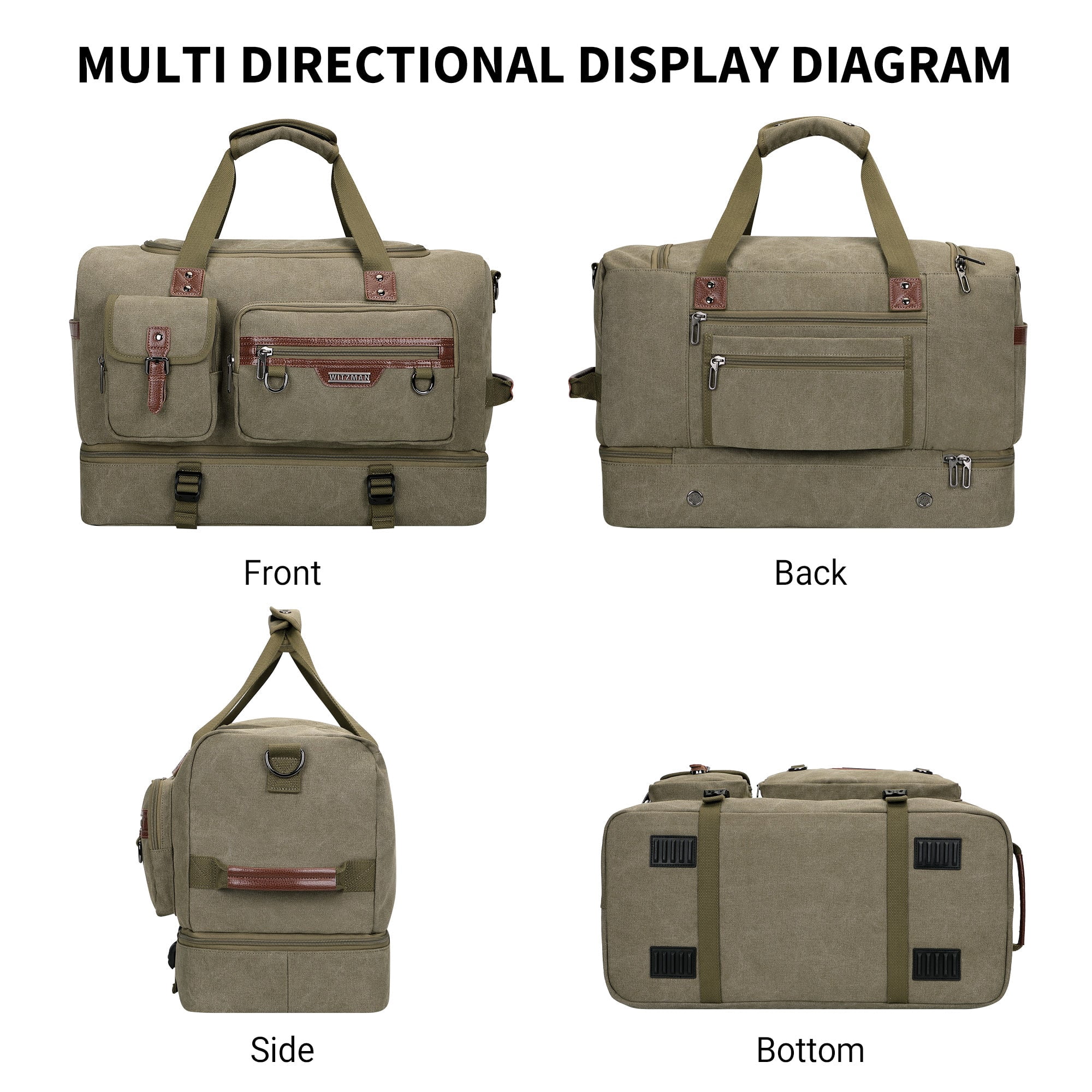 WITZMAN Canvas Weekender Bag Mens Overnight Bag for Traveling Carry on Duffle Bags with Shoes Compartment(A8010 Army Green)