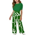 thumbnail image 2 of Babcutegg Girls Summer Two-Piece Outfit – Puff Sleeve Short Sleeve Top & Printed Wide Leg Pants Set for Kids Green Size 3-4, 2 of 5