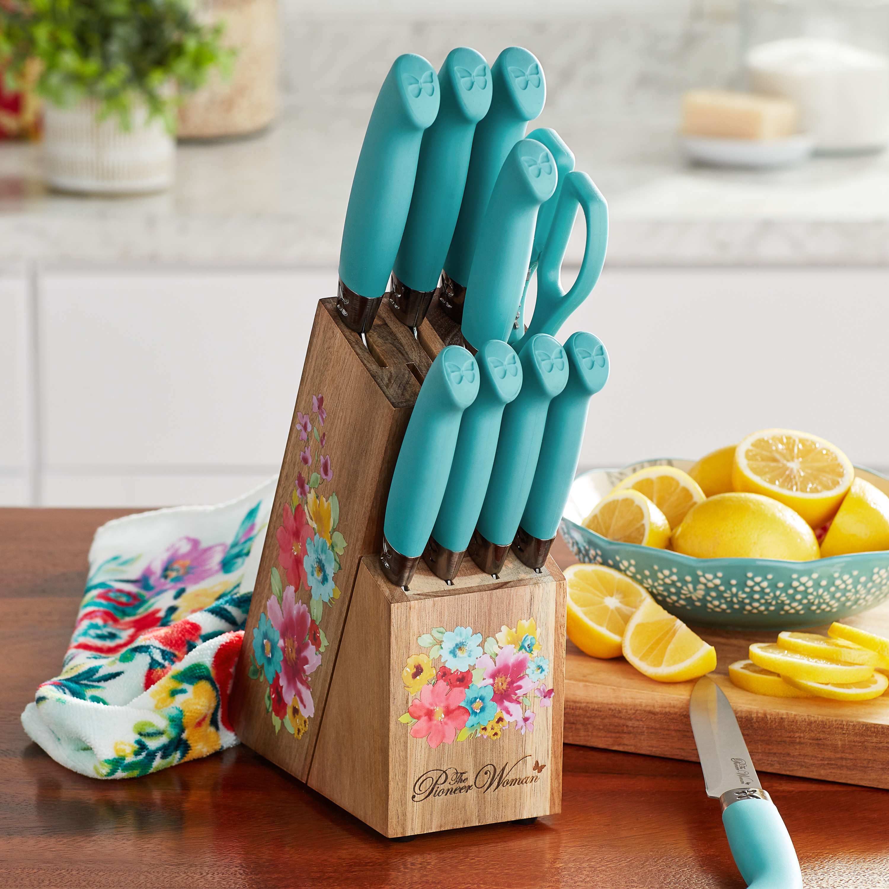 The Pioneer Woman Breezy Blossoms 11-Piece Stainless Steel Knife Block Set, Teal - image 2 of 5
