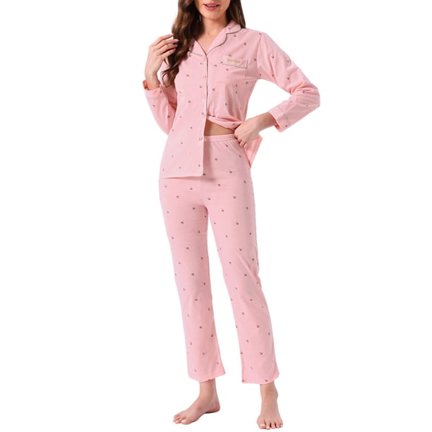 Conjunto de lounge para mujeres INSPIRE CHIC de algodón, con botones, estampado de patrón lindo, manga larga, cuello con muesca, conjunto de pantalones con bolsillos, pijama L Cherry