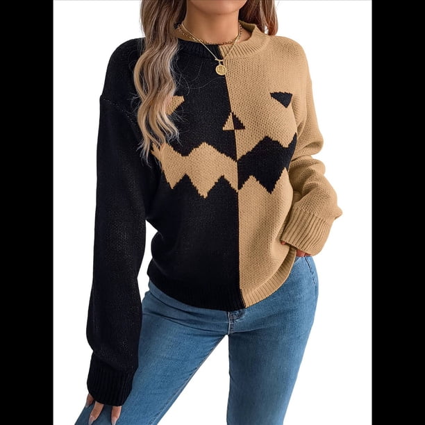 Suéteres de Halloween para Mujer, Divertidos Jerseys de Punto de Larga, Lindas Camisetas de Cuello Redondo con Fantasmas, Conjuntos de Otoño. Caqui L