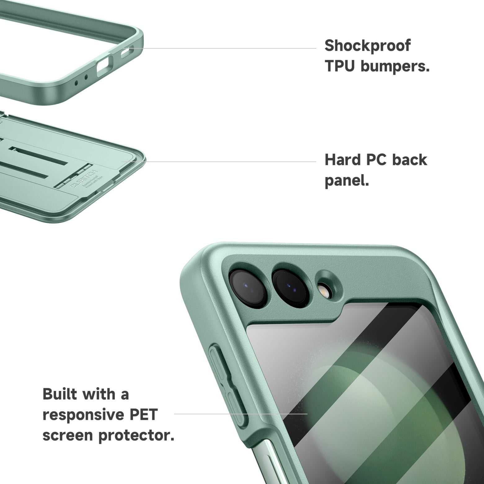Suritch Cell Phone Case for Samsung Galaxy Z Flip 5 with Built-in Screen Protector and Kickstand, Green