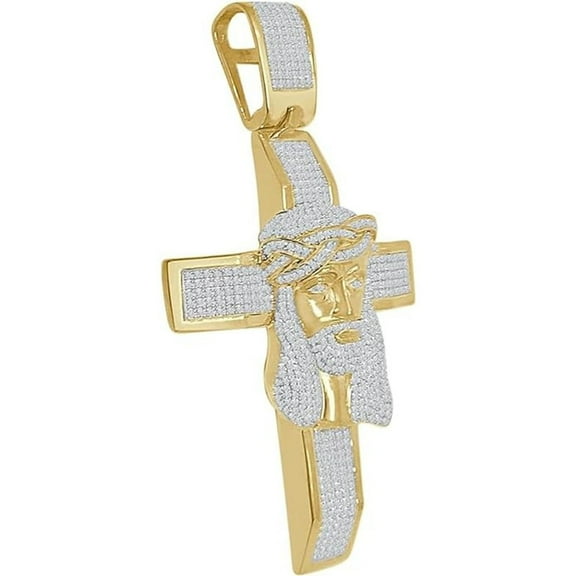 925 Sterling Silver 14K Yellow Gold Plated Round Cut White Diamond Jesus in Cross 2.5 Inches Pendant Gift For Men