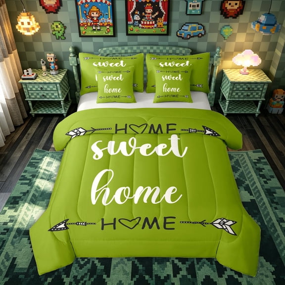 Feelyou Rustic Home Sweet Bedding Comforter Set for Adults Men Women, Arrow Quote Full Bedding Set, Olive Green, Grey Reversible, 7-Piece