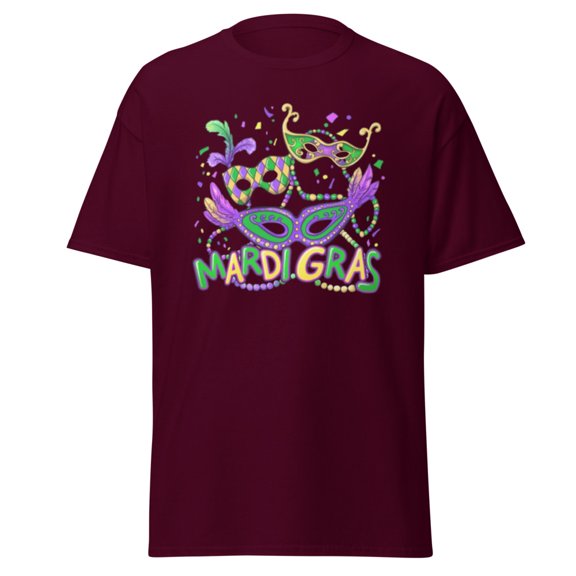 Wraptap Graphic Tees for Men and Women – Mardi Gras Festive Graphic Tee, Colorful Men and Women T-shirts (Maroon, S)