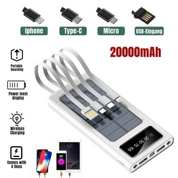MDHAND 20000mAh Solar Power Bank Battery Pack with 4 Cables, Portable Solar Charger with Dual 5V USB Ports for Cell Phone