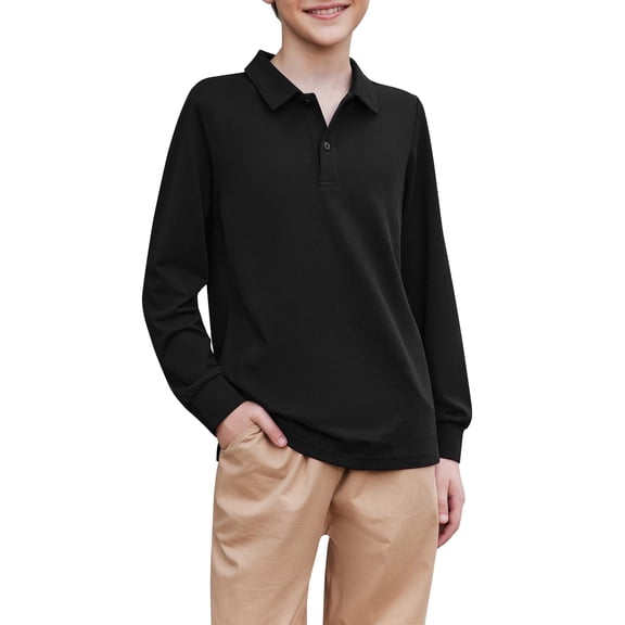 Arshiner Boys Long Sleeve Polo Shirt Performance School Uniform Pique Button Closure Shirt