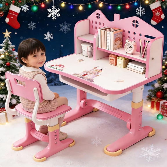 YNCE Kids Desk and Chair Set Adjustable School Study Desk with Castle Backboard, Wide Tabletop, Bookstand & Storage Drawer for Children's Room