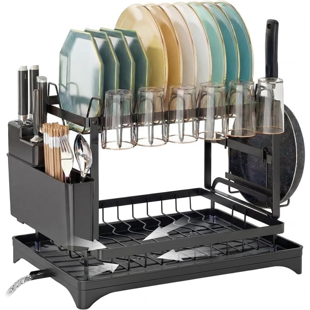 Escurridor de Trastes Acero Inoxidable 2 Niveles con Sistema de Drenaje Automático Escurridor de Platos Antideslizante Escurridor de Trastes Pequeño sobre Fregadero para Vajilla, Negro