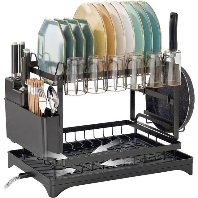 Escurridor de Trastes Acero Inoxidable 2 Niveles con Sistema de Drenaje Automático Escurridor de Platos Antideslizante Escurridor de Trastes Pequeño sobre Fregadero para Vajilla, Negro