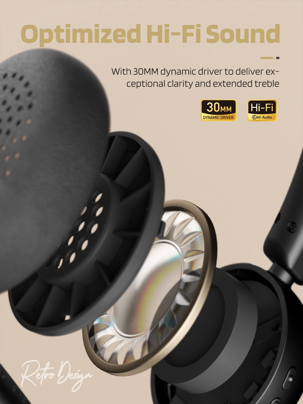 iKF R1 Wireless Retro Wireless Headphones Bluetooth 5.3 APP Custom Sound 60 Hours Playtime Game Mode Noise Isolation Built-in Microphone Throwback 80s 90s Design (Black Gold)