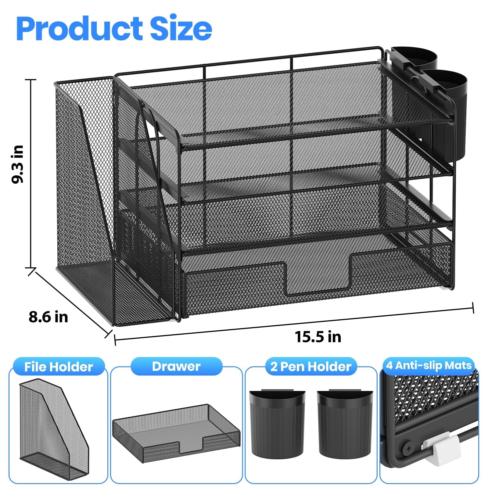 Desk Organizer  4-tier Desktop File With Drawer And 2 Pen Holders Office Accessories Sorters Workspace Organizers For Supplies(black-2pack)