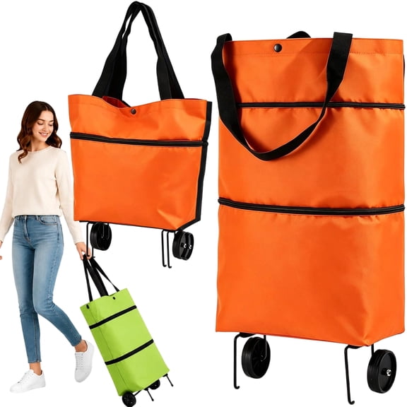 2 in 1 Foldable Wheeled Shopping Cart, Waterproof Oxford Rolling Grocery Tote Bag with Sturdy Handles, Collapsible Portable Trolley Bag for Market, Laundry & Daily Errands