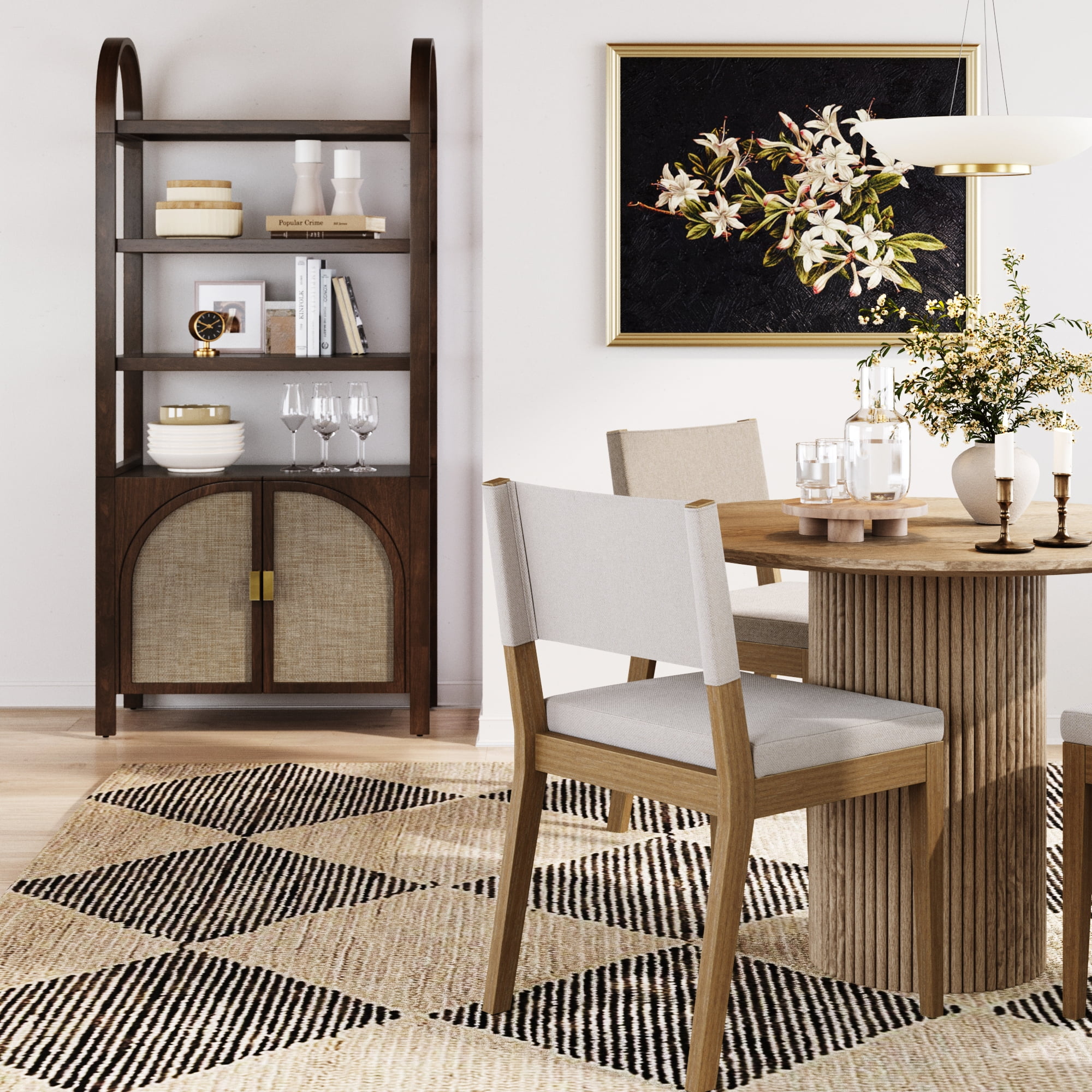 Nathan James Paxton Boho Bookshelf Cabinet with Solid Wood Frame Rattan Bookshelf with Cabinet Base, Arched Bookcase Cabinet for Living Room or Home Office, Dark Acacia