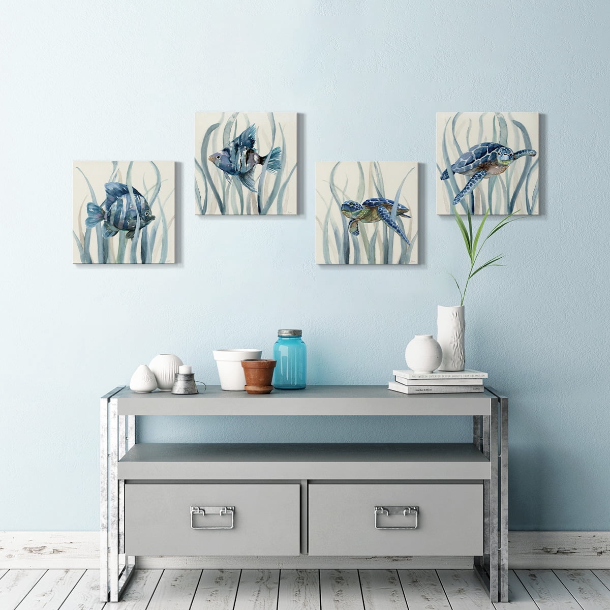 Wexford Home Sea Turtle Pictures Prints Nautical Wall Décor 32x32 inches for Each, Set of 4 total Ocean Tropical Fish Wall Art for Bathroom Bedroom Office