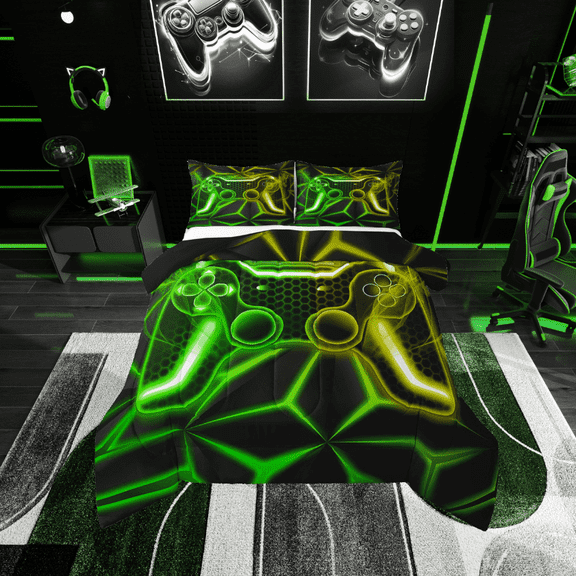 Erosebridal Teens Gamepads Bedding Twin Comforter Set,Green Yellow Down Comforter,Video Game Bedding Sets Twin with Comforter,Breathable Geometric Room Decor,Reversible,2-Piece