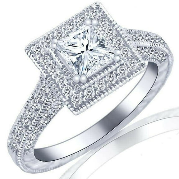 HeartsAndYou 2.5ct Princess Moissanite Engagement Ring for Women Milgrain Edged Halo 18k White Gold over Silver