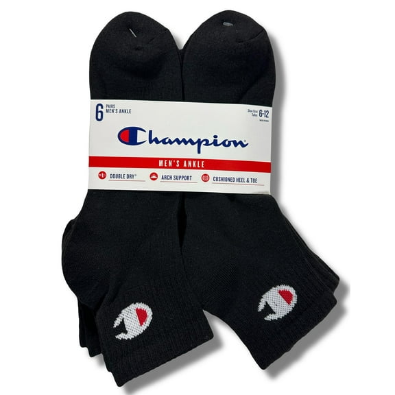 CHAMPION SOCKS MEN'S - ANKLE - SOLID 253 - BLACK SOLID - LARGE (6-12) PACK 6 XX