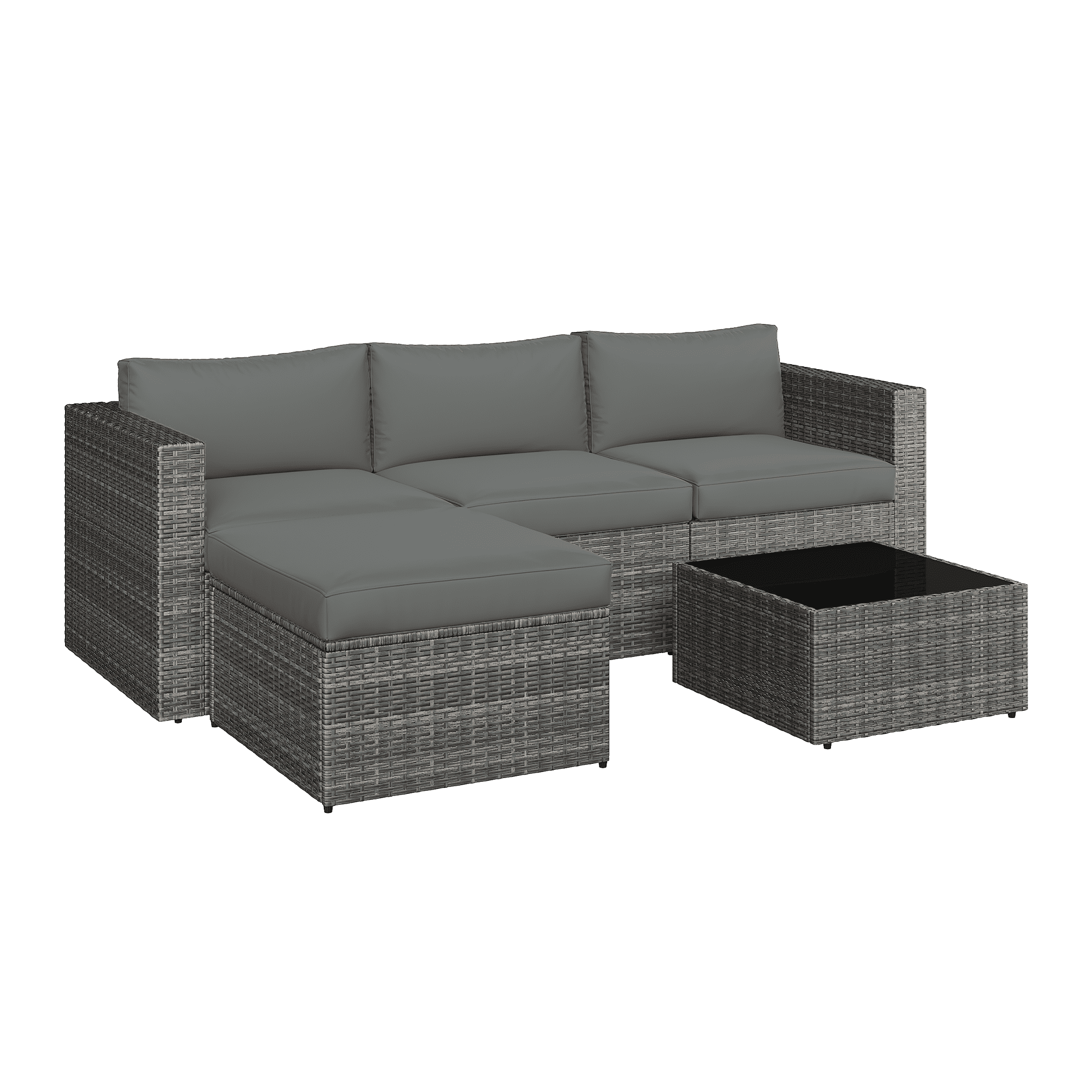 CozyHome 5-Piece Patio Rattan Furniture Set, Wicker Outdoor Sectional Sofas with Ottoman and Coffee Table, Grey