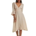 thumbnail image 5 of VEKDONE Women's Deep V Neck Dress 3/4 Ruffle Sleeve Midi Dress Solid Color Loose Fit Tunic Casual Dresses Knee Length Vacation Beach Dress Khaki XL, 5 of 8