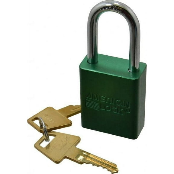 American Lock Keyed Different Lockout Padlock 1-1/2" Shackle Clearance, 1/4" Shackle Diam, 1.8" Body Height x 1-1/2" Body Width, Aluminum Body, Steel Shaft, Green, 5 Pins, Conductive