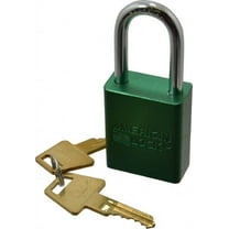 American Lock Keyed Different Lockout Padlock 1-1/2" Shackle Clearance, 1/4" Shackle Diam, 1.8" Body Height x 1-1/2" Body Width, Aluminum Body, Steel Shaft, Green, 5 Pins, Conductive