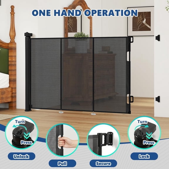 Retractable Gate Wide 149" x 41" Mesh Pet Fence with One-Hand Lock for Stairs Doorways Indoor Outdoor