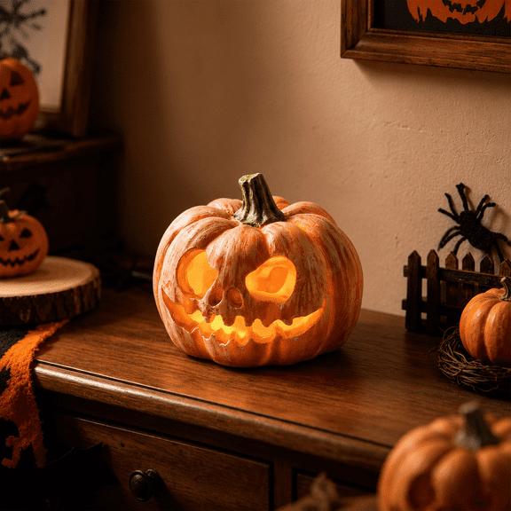 Halloween Pumpkin House Decoration, 3.93 Inch Ceramic-Look Resin Jack O Lantern Figurine, Spooky Tabletop Halloween Decorations