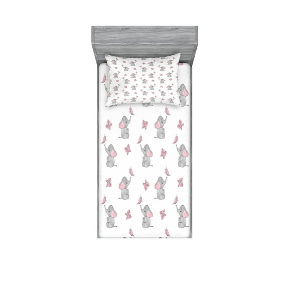 Animal Cartoon Fitted Sheet & Pillow Sham Set, Playing Butterflies Design Pattern, Decorative Printed 4 Piece Bedding Decor Set, Twin, Pale Pink White Grey, by Ambesonne