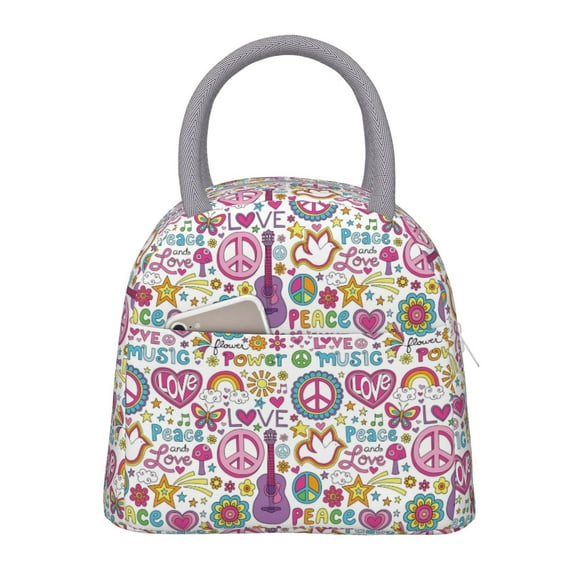 Vsdgher Peace Love and Dove Flower Power Print Insulated Lunch Bag Simple Bento Cooler Bag Lunch Tote Bag , Suitable for picnics, school, work