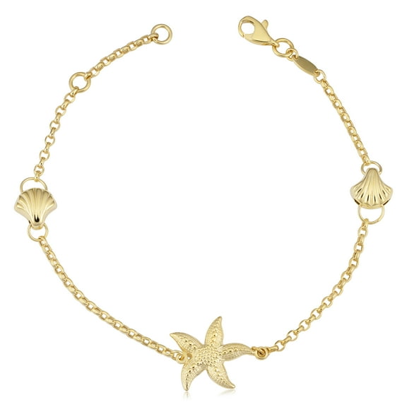 KoolJewelry 14k Yellow Gold Seashell and Starfish Station Bracelet (fits 7" or 7.5")