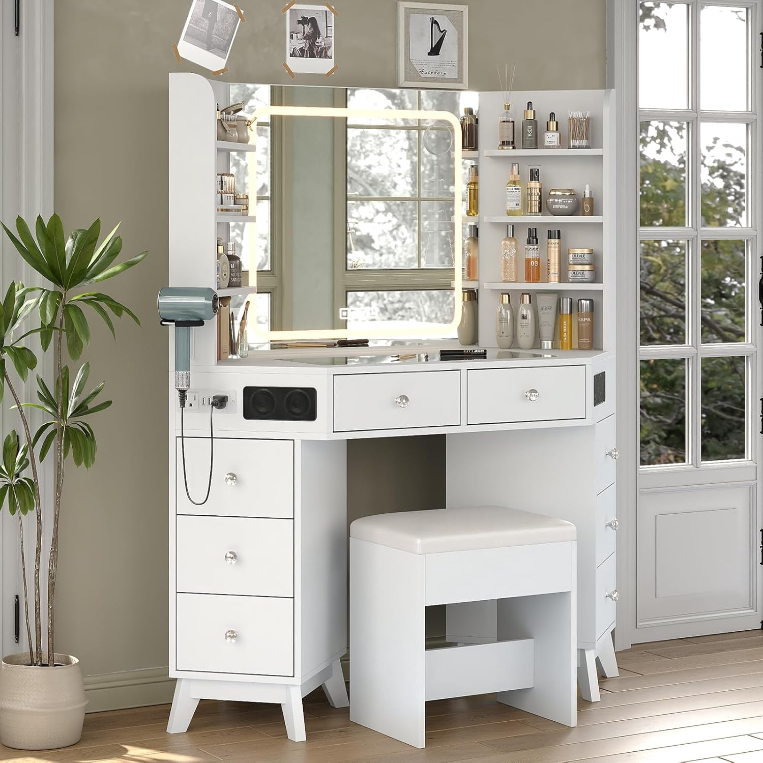 Corner Vanity Desk with Mirror and Lights, Modern Makeup Vanity with Glass Top, Bluetooth Speaker, 8 Drawers and 6 elves, 3 Color Lighting Modes, Dressing Table with Chair for Bedroom, White