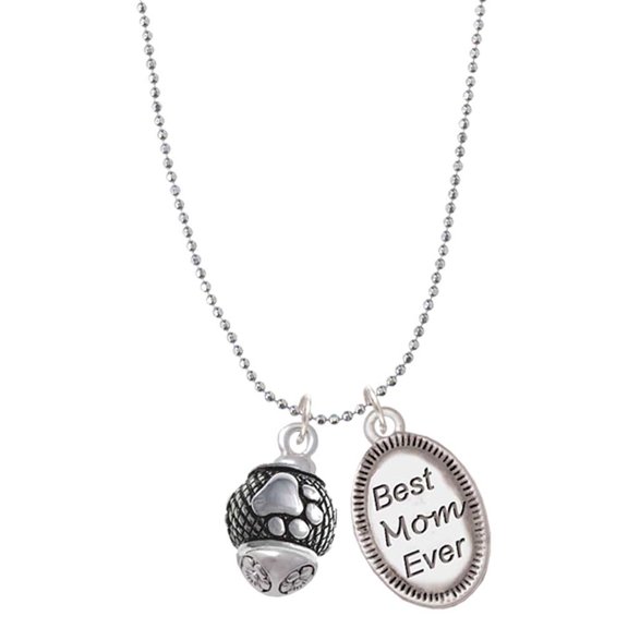 Delight Jewelry Silvertone Paw on Hatched Background Spinners Best Mom Ever Charm Necklace
