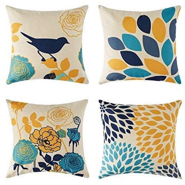 Ensemble 4 pièces housse de coussin 45x45 cm décoratif salon chambre canapé housse de coussin coton éphédra gris bleu plante impression