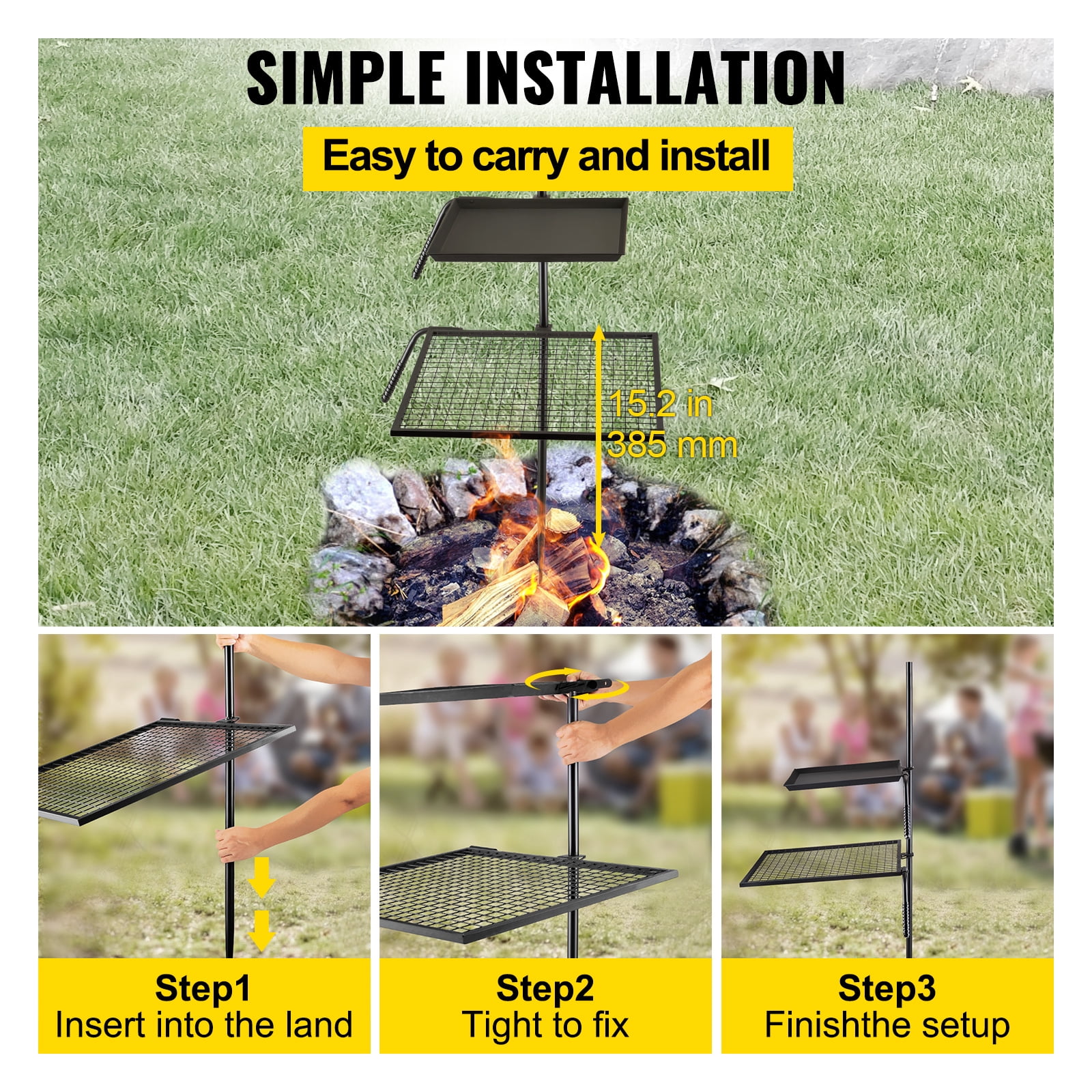 VEVOR Swivel Grill 24" x 24" Campfire Swivel Grill Double Layer Heavy Duty Over Fire Grill for BBQ