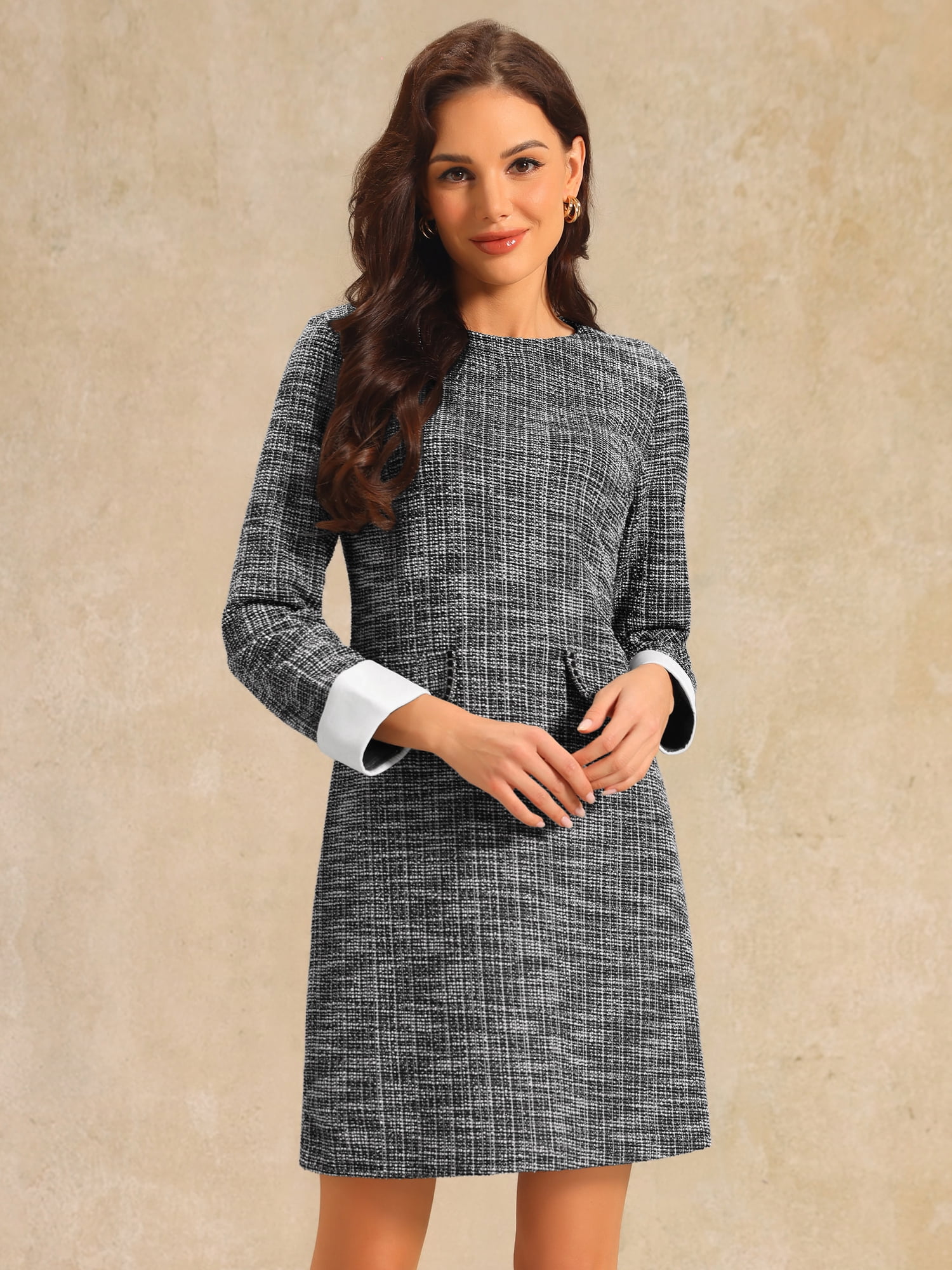 DARING DIVA Women's Tweed Formal Work Long Sleeve Sheath Dress S Black