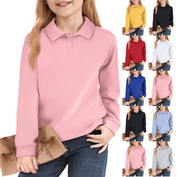 longantii Uniform Shirts for Girls Long Sleeve Classic Collared School Shirts Golf Polo Shirt Solid Color Uniform 2026 Fall Clothes Gray 3-4 Years
