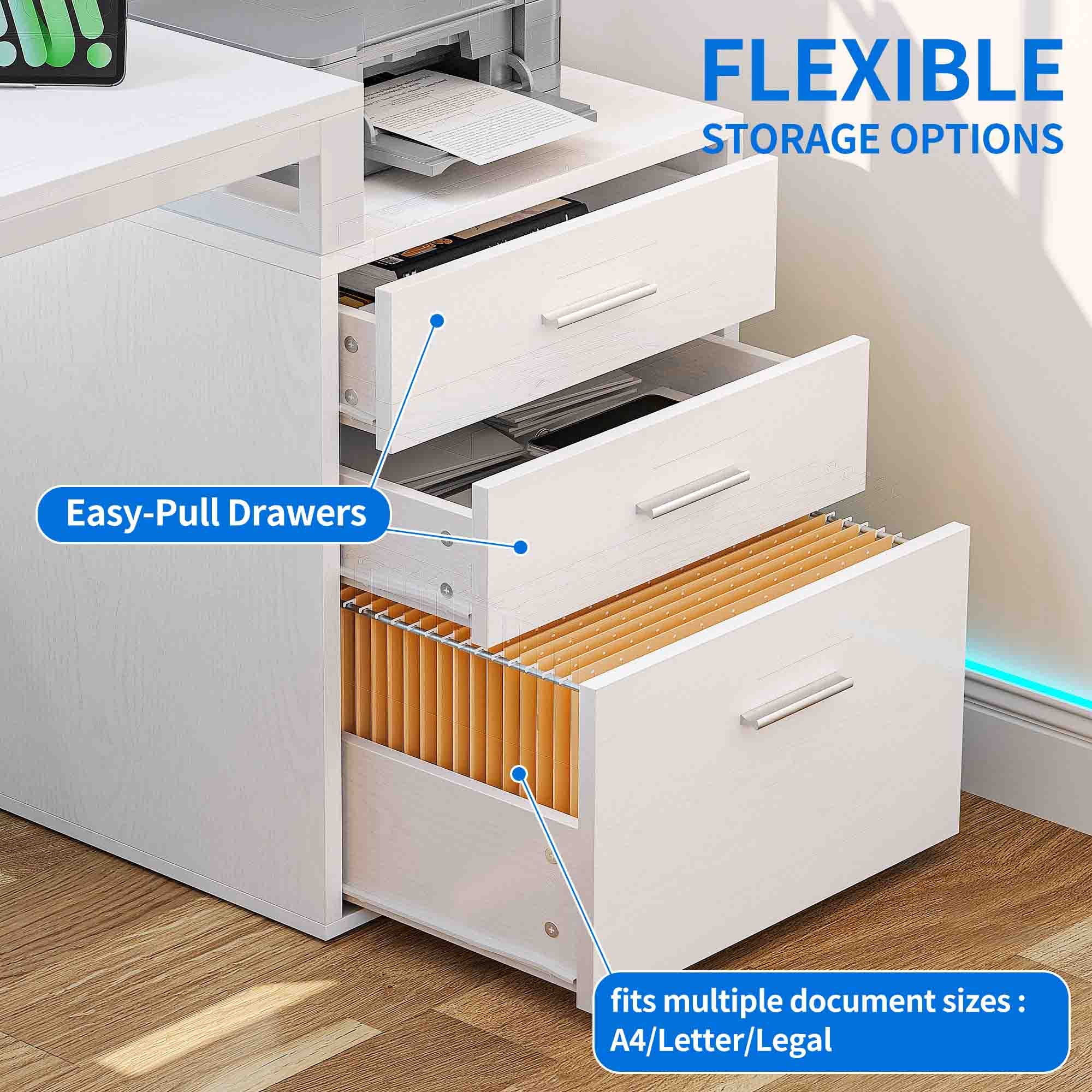 Uforic 65" L Shaped Desk with LED Light & File Cabinet, with 3 Drawers & 4 Open Storage Shelves, White