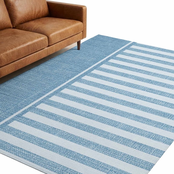 Blue Stripe Washable Area Rug 5 x 7 ft Country Vintage Farmhouse Minimalist Vertical Lines Soft Non‑Slip Rugs Stain Repellent Indoor Mats for Living‑Room, Formal Dining Room, Recreation Room