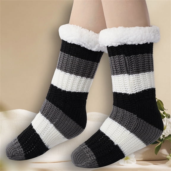 Ljudmp Women's Fleece Lined Cuffed Winter Mid Tube Socks Winter Thickened Warm Fuzzy Knit Crew Socks Striped Cozy Thermal Sleep Socks Grey