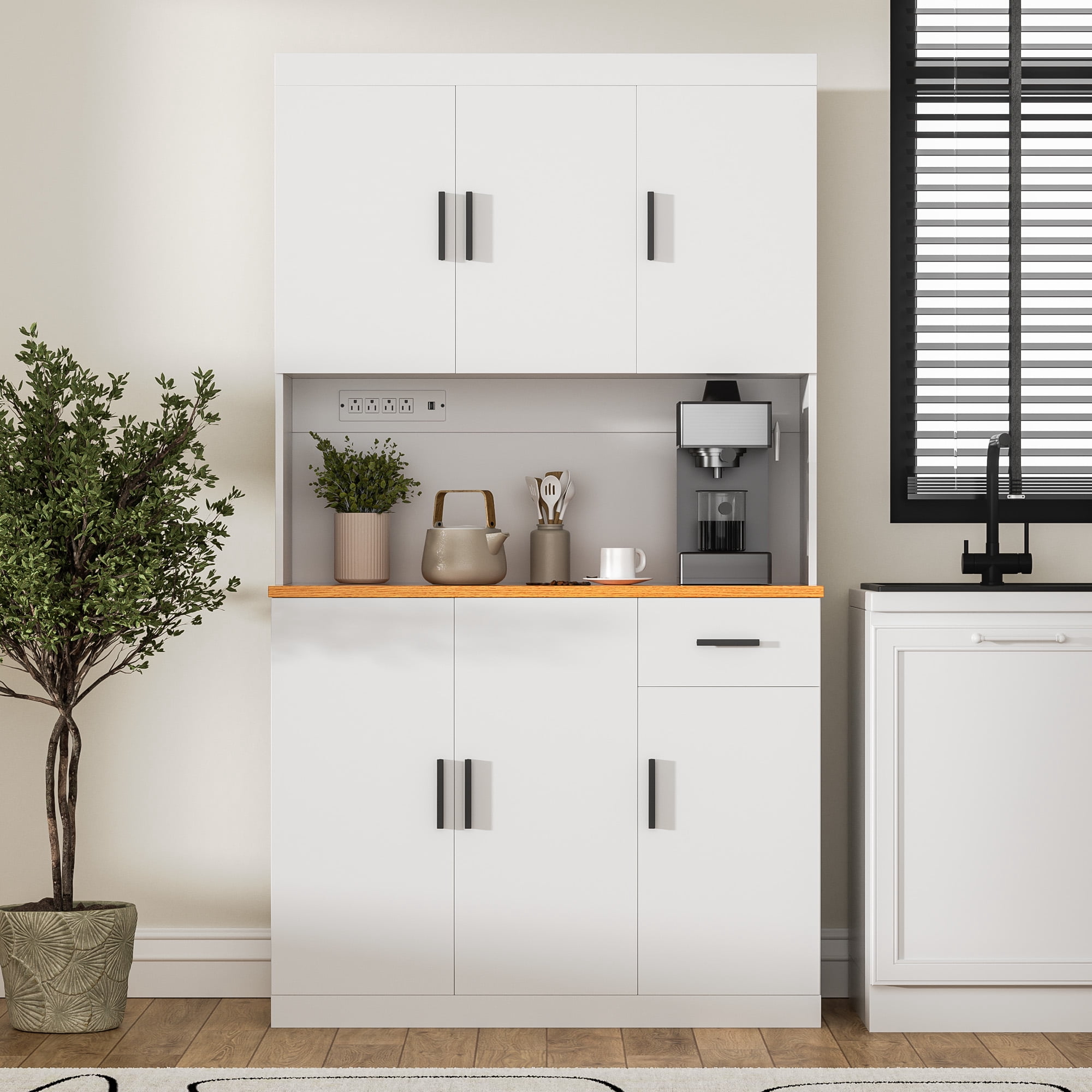 DIYART White Kitchen Pantry Cabinet, 71" Tall Kitchen Storage Cabinet with 6 doors and Power Outlet
