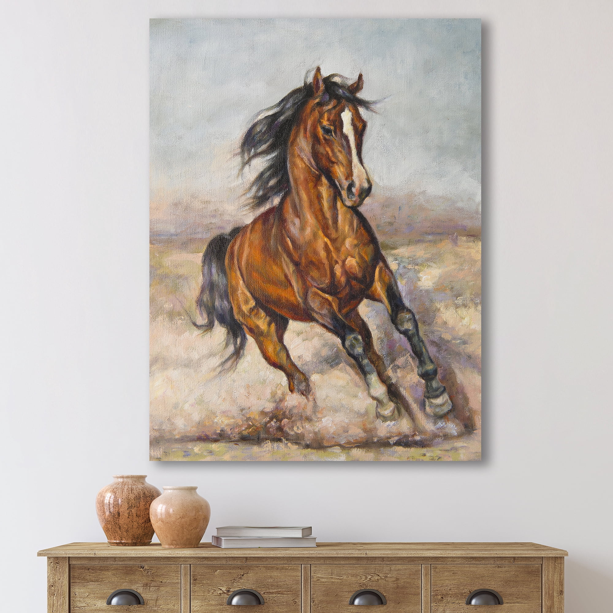 A Brown Horse In The Race 12 in x 8 in Painting Canvas Art Print, by Designart