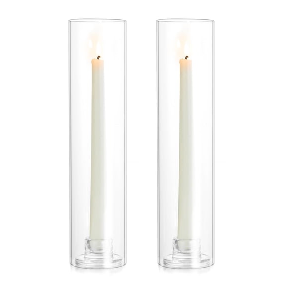 Glasseam Set of 2 Clear Glass Hurricane Candle Holders: 11" Tall Taper Candlestick Holders for Weddings Christmas Home Decor Heat-Resistant Cylinder Covers with 2 Base Holders