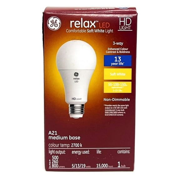 GE relax LED A21 3 way Light Bulb, 5, 13 or 19 watts, soft white HD Light, 500, 1260 and 1800 lumens, medium base, equivalent to 50-100-150w