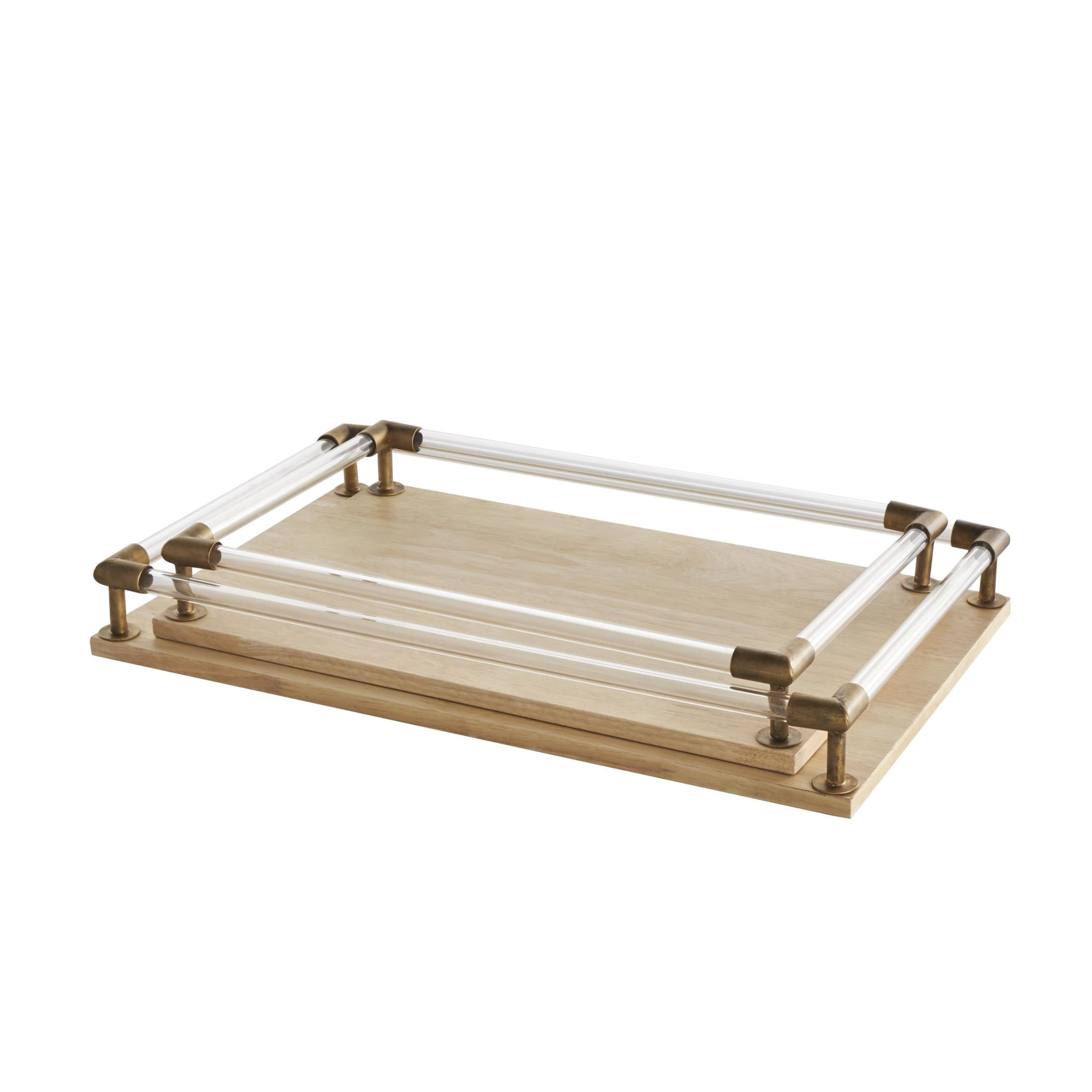 DecMode 19", 17"W Light Brown Mango Wood  Tray with Copper Metal Edges and Acrylic Sides, 2-Pieces
