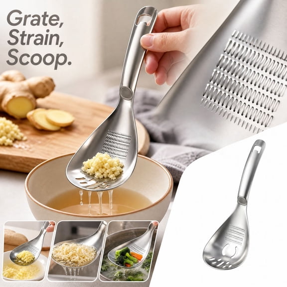 5 in 1 Multifunction Cooking Spoon, Stainless Steel Slotted Spoon with Masher Separator and Grater for Kitchen Use.