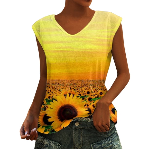 Moda Mujer Causal V-Cuello Impresión Blusa Sin Mangas Camiseta Verano Tops Fridja gh5773