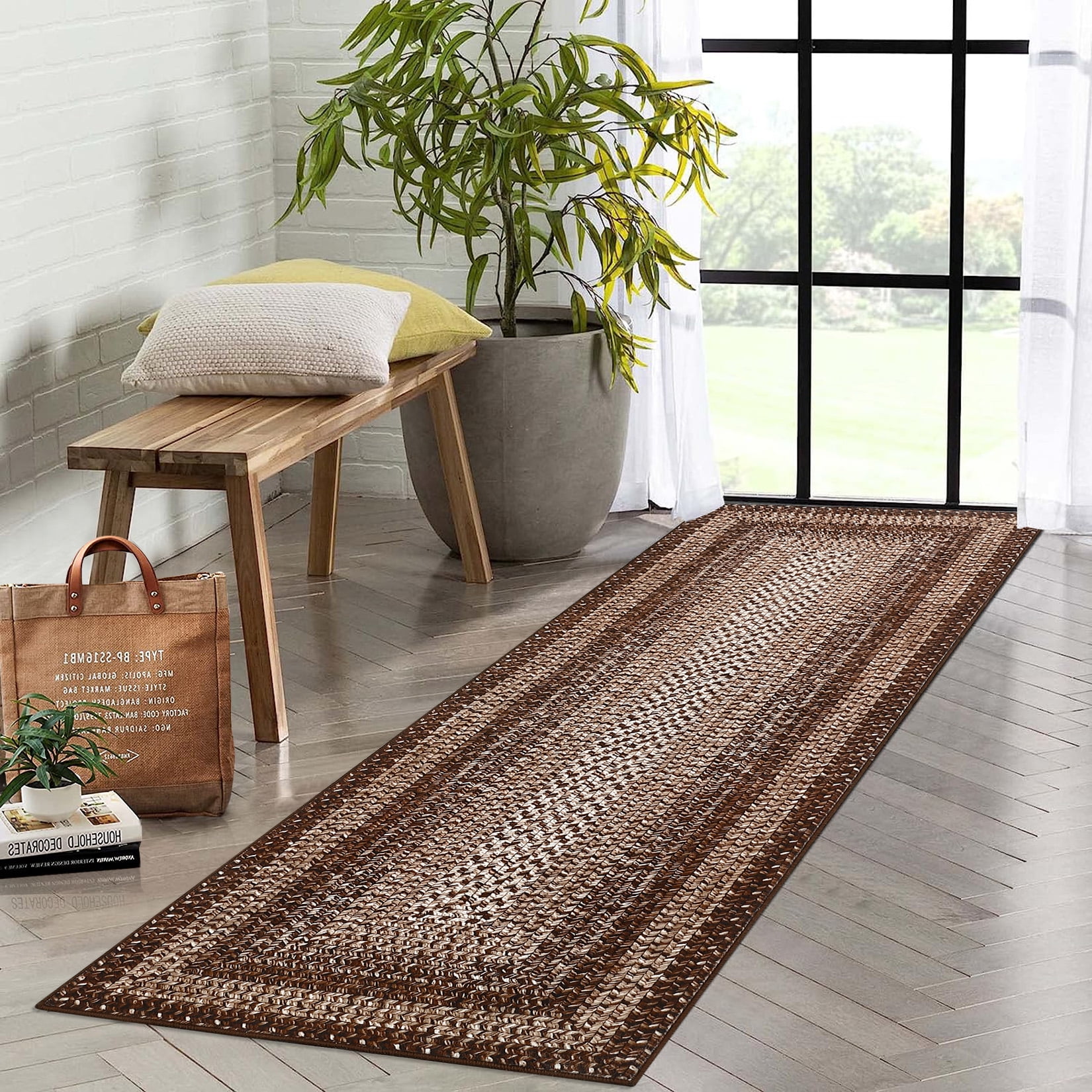 Luku 2*6ft Braided Printed Area Rug Washable Rug Vintage Indoor Farmhouse Rug Low Pile Non Slip Living Room Rug Soft Boho Braided Throw Carpet for Bedroom Dining Room Nursery Home Office